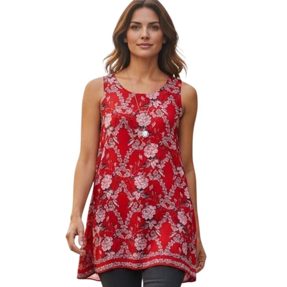 Max Studio Floral Top Womens Medium Red Rose Shell Sleeveless Career Tank